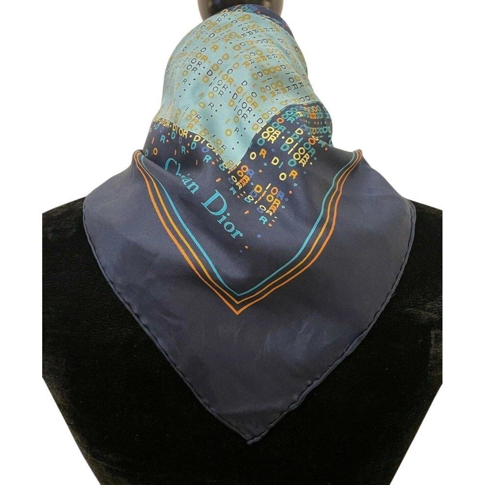Vintage Christian Dior Womens Square Scarf Navy Blue Retro Monogram Print Silk - Picture 7 of 12